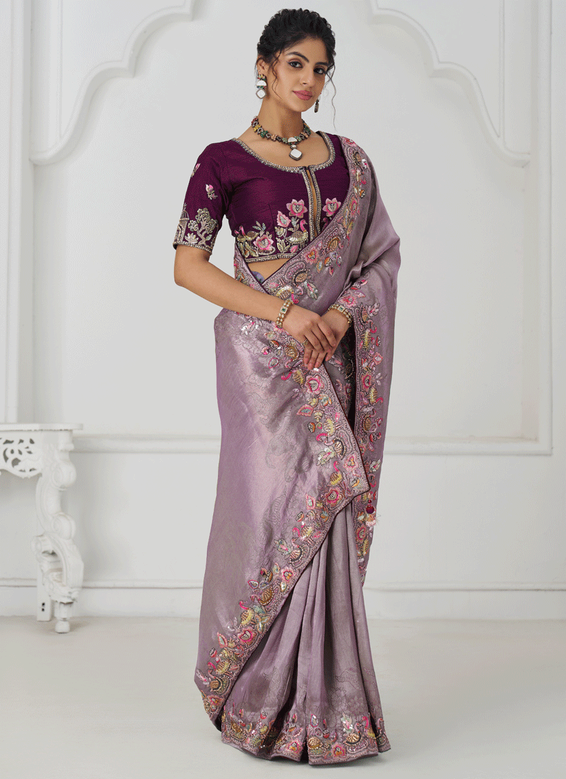 Mauve Embroidered Sequin Dola Silk Saree For Engagement & wedding functions