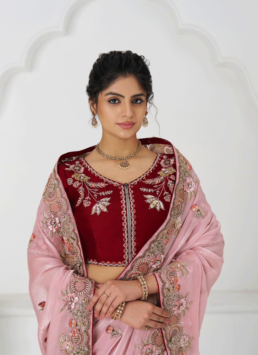 Pink Fendi Silk Heavy Embroidered Floral Wedding Saree