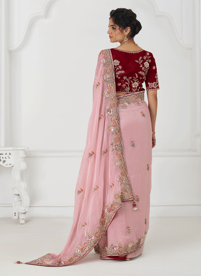 Pink Fendi Silk Heavy Embroidered Floral Wedding Saree