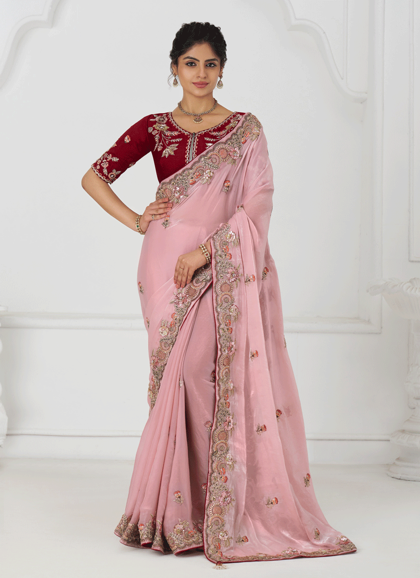 Pink Fendi Silk Heavy Embroidered Floral Wedding Saree