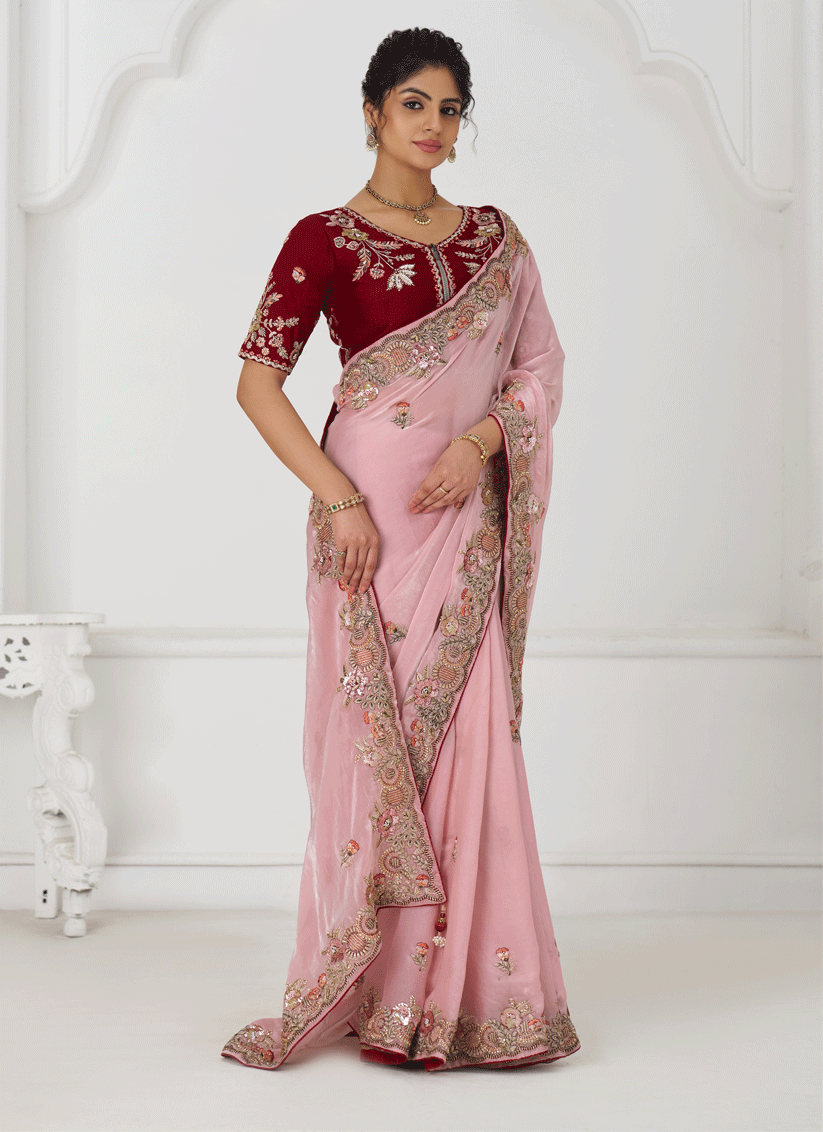 Pink Fendi Silk Heavy Embroidered Floral Wedding Saree