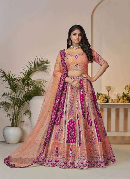 Stunning Orange  Thread Embroidered  Banarasi Silk Wedding Lehenga Choli