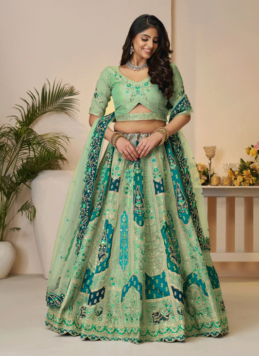 Spectacular Green  Embroidered Banarasi Silk Wedding Festive Lehenga Choli
