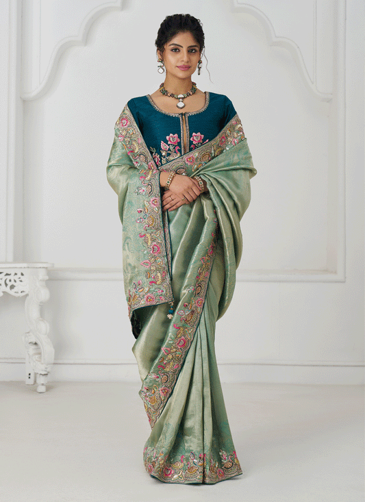 Sage Green Embroidered Zari Saree For Traditional Wear For Engagement & wedding functions