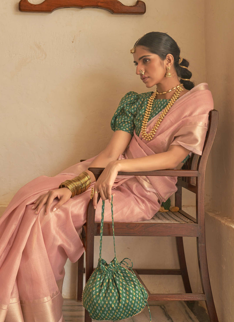 Blush Pink Organza Woven Party Wear Saree