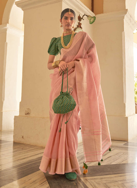 Blush Pink Organza Woven Party Wear Saree