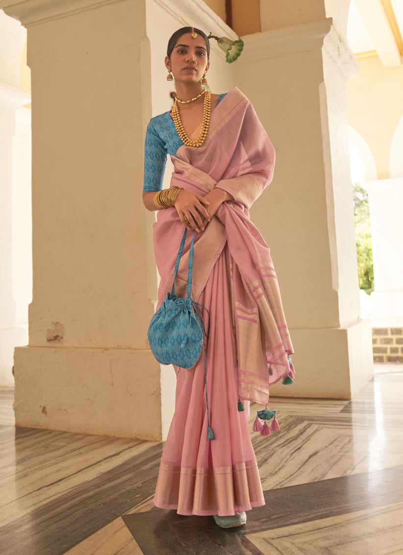 Carnation Pink Organza Woven Party Wear Saree