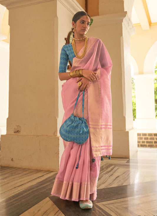 Carnation Pink Organza Woven Party Wear Saree