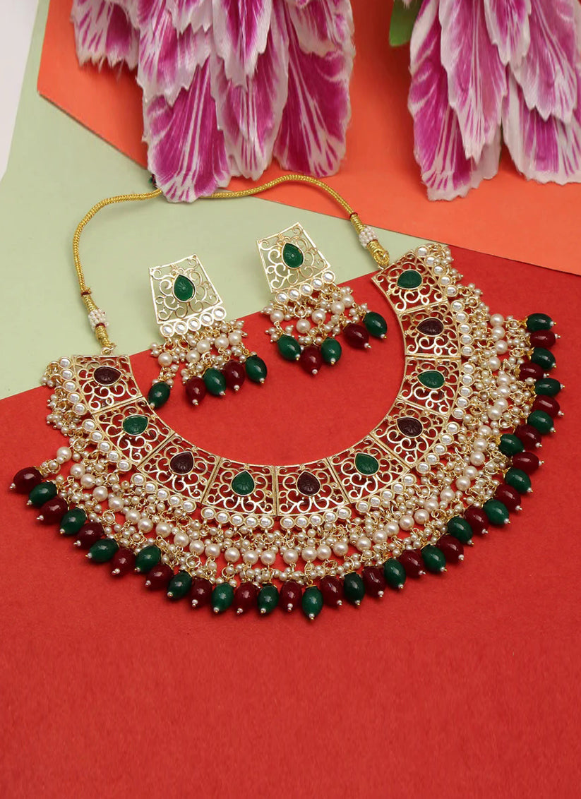 Maroon & Green Kundan Necklace Set