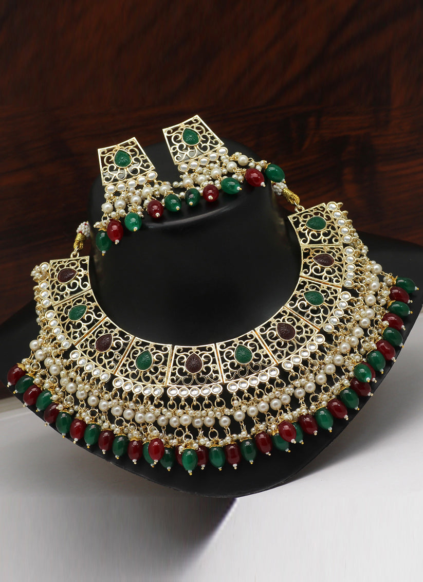 Maroon & Green Kundan Necklace Set