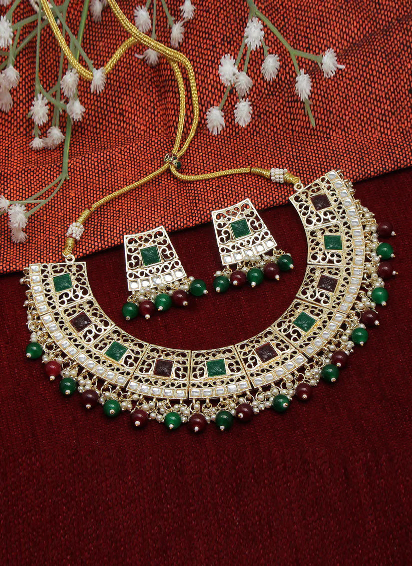 Maroon & Green Kundan Necklace Set