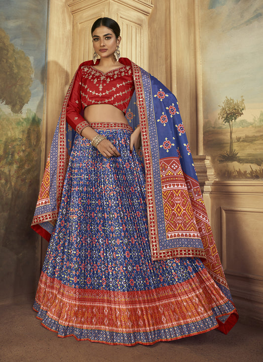 Royal Blue Flared Gaji Silk Lehenga Choli for Ceremonial