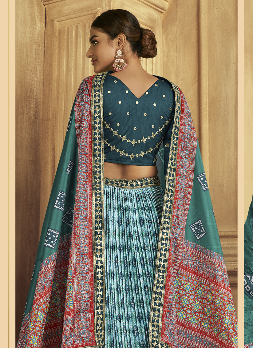 Aqua Blue Flared Gaji Silk Lehenga Choli for Sangeet