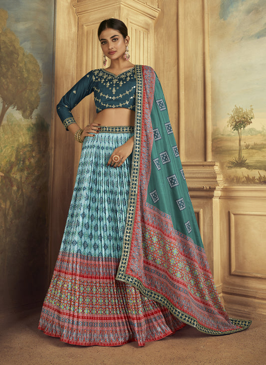 Aqua Blue Flared Gaji Silk Lehenga Choli for Sangeet