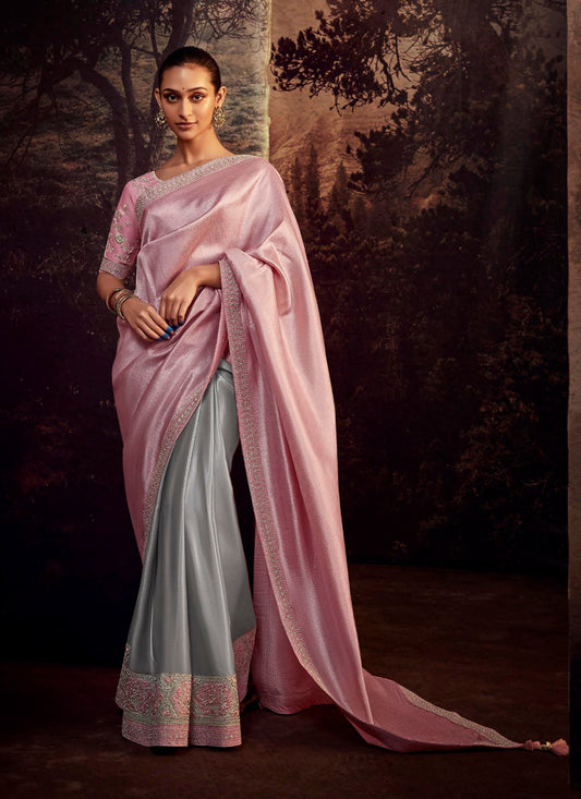 Grey and Pink Heavy Designer Saree