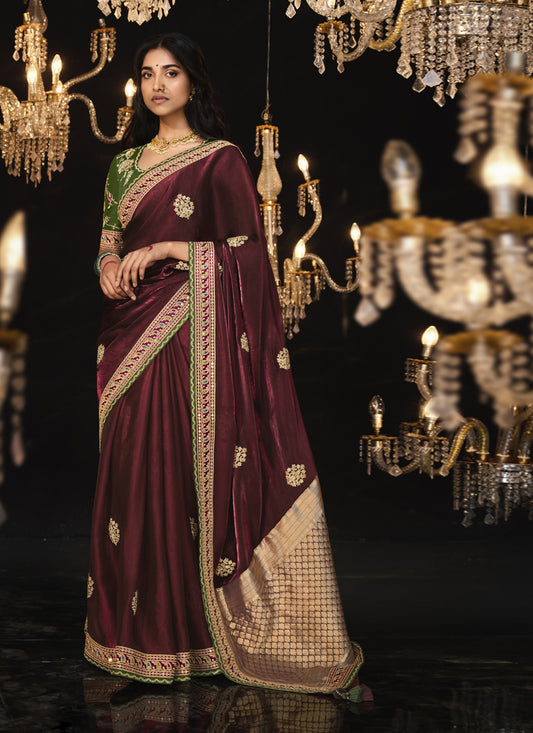 Garnet Brown Embroidered Designer Saree