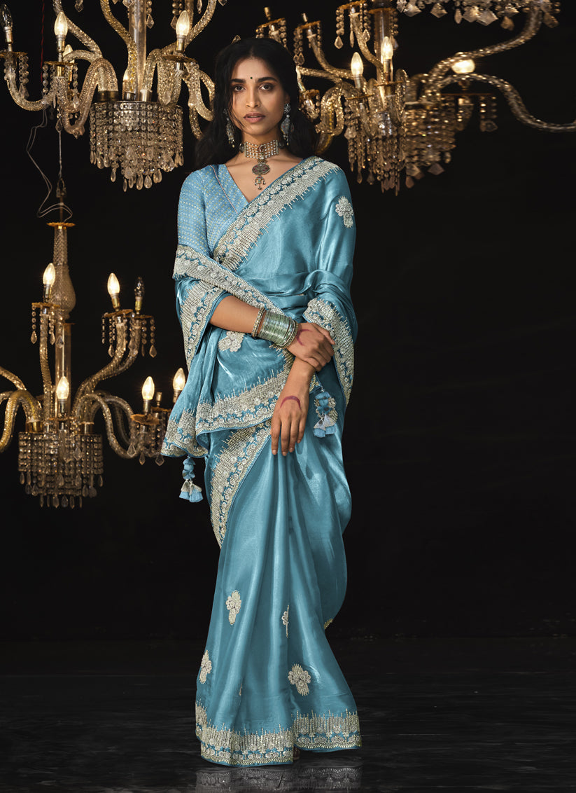 Azure Blue Tissue Silk Embroidered Designer Saree