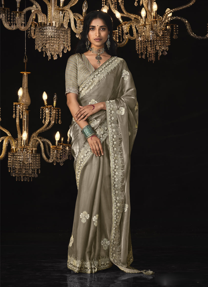 Dusty Grey Tissue Silk Embroidered Designer Saree