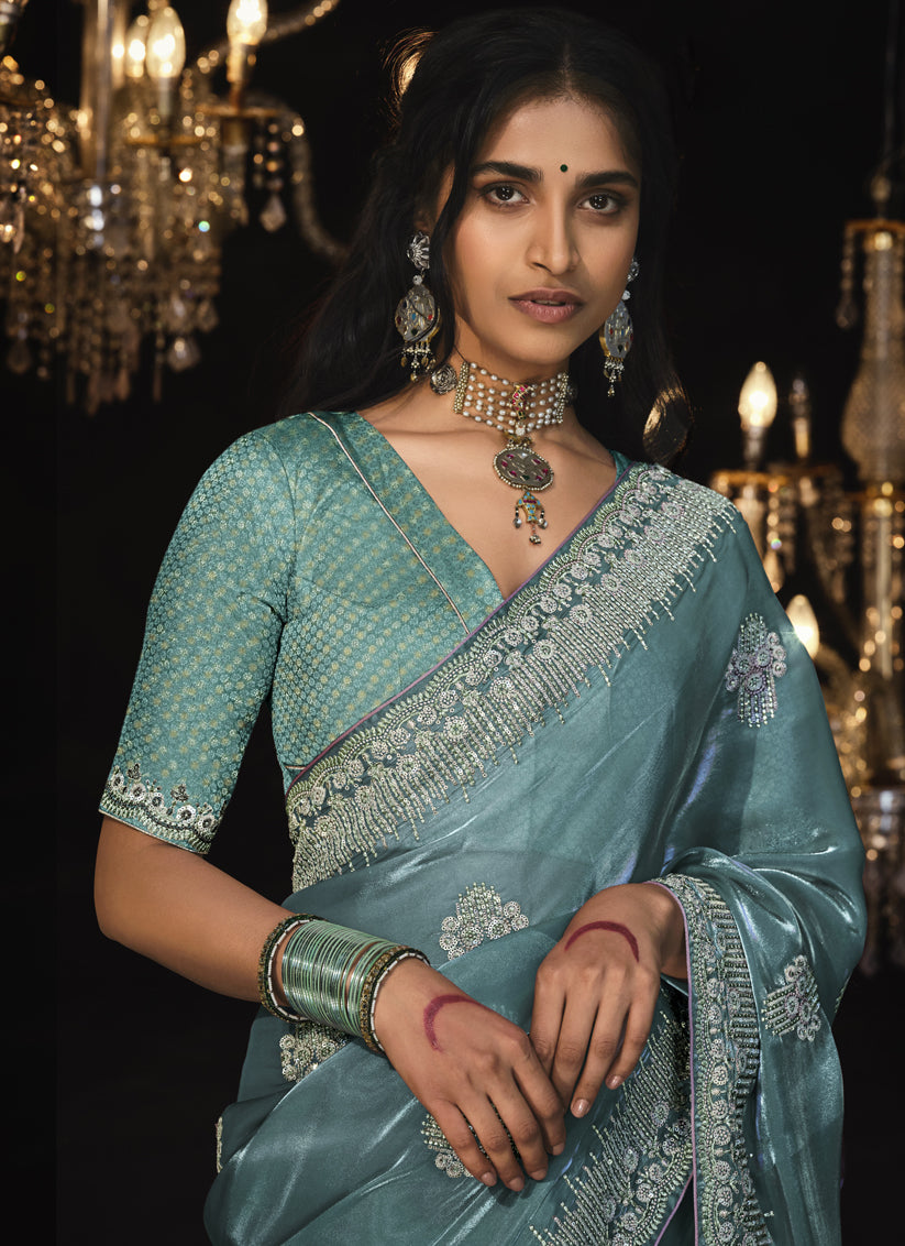 Teal Blue Tissue Silk Embroidered Designer Saree