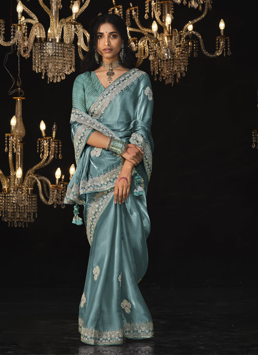 Teal Blue Tissue Silk Embroidered Designer Saree