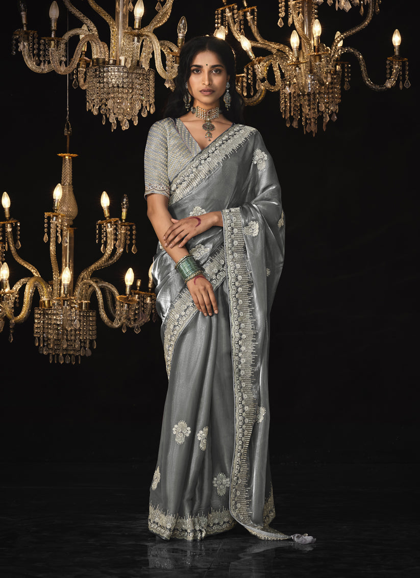 Stone Grey Tissue Silk Embroidered Designer Saree