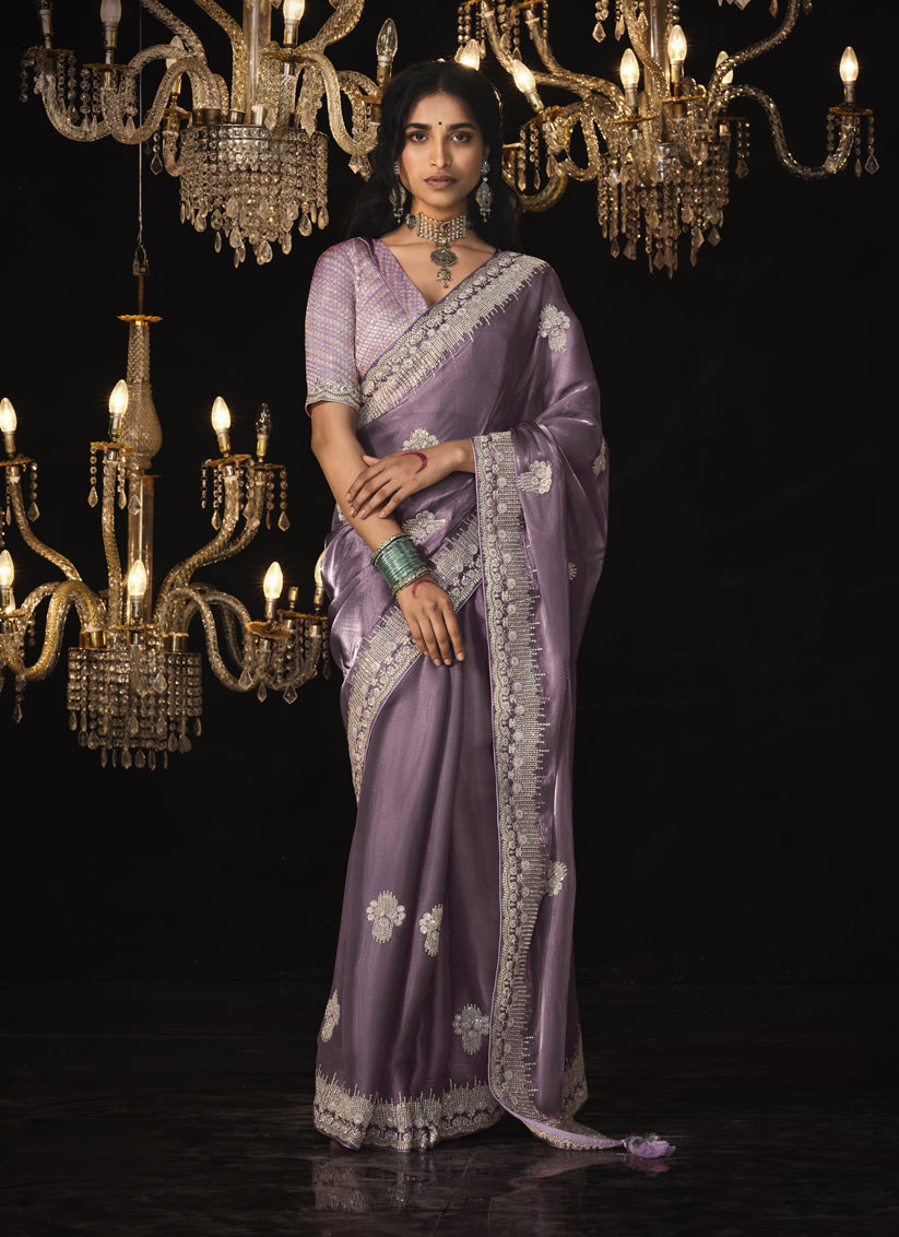 Lilac Embroidered Designer Saree