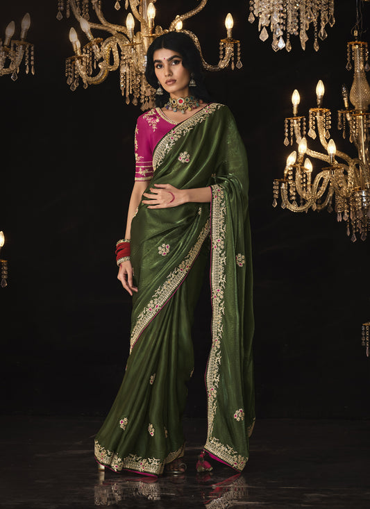 Forest Green Embroidered Designer Saree