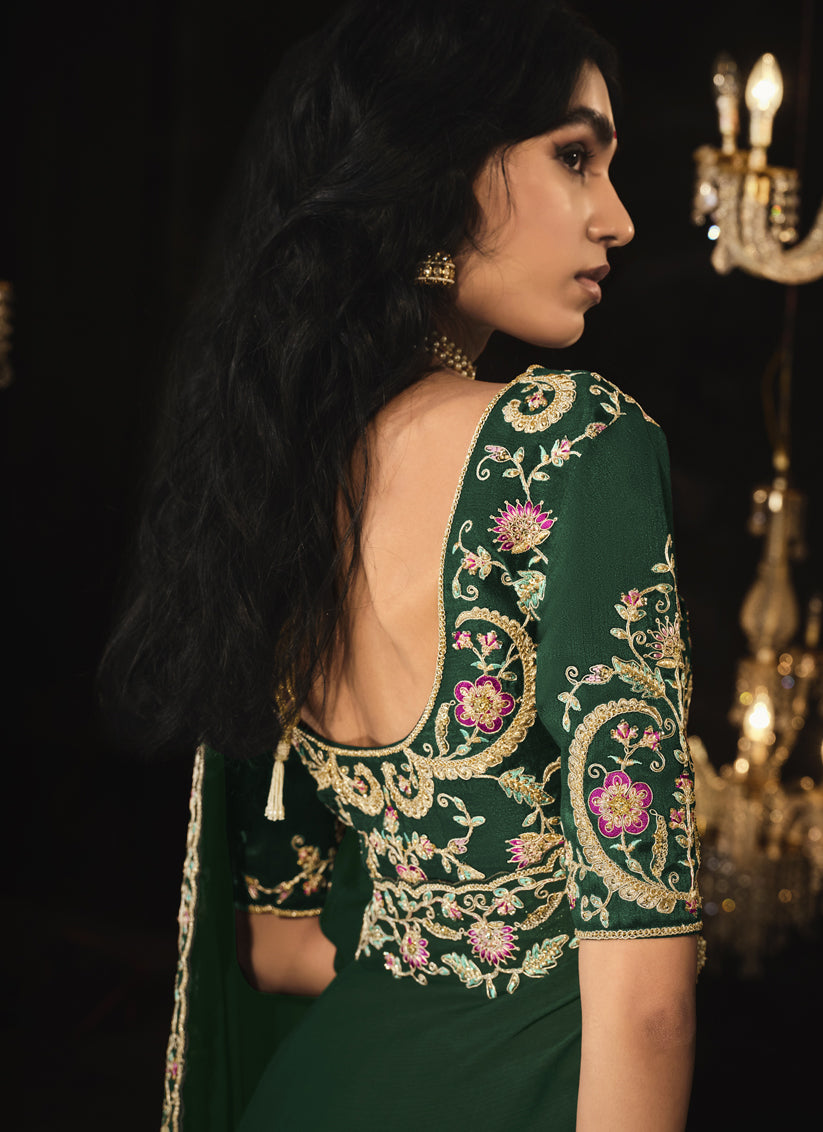 Bottle Green Embroidered Designer Saree