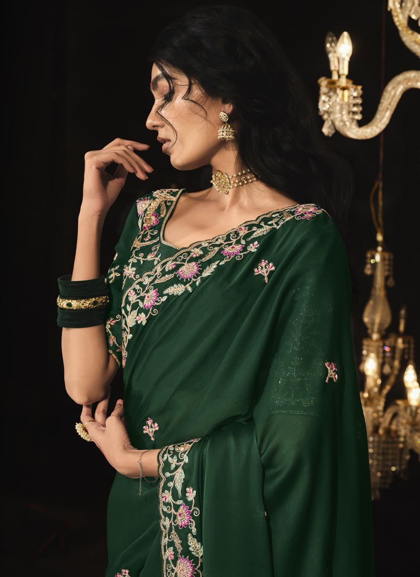 Bottle Green Embroidered Designer Saree