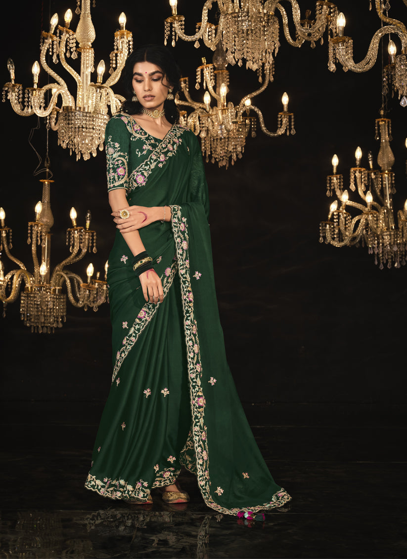 Bottle Green Embroidered Designer Saree