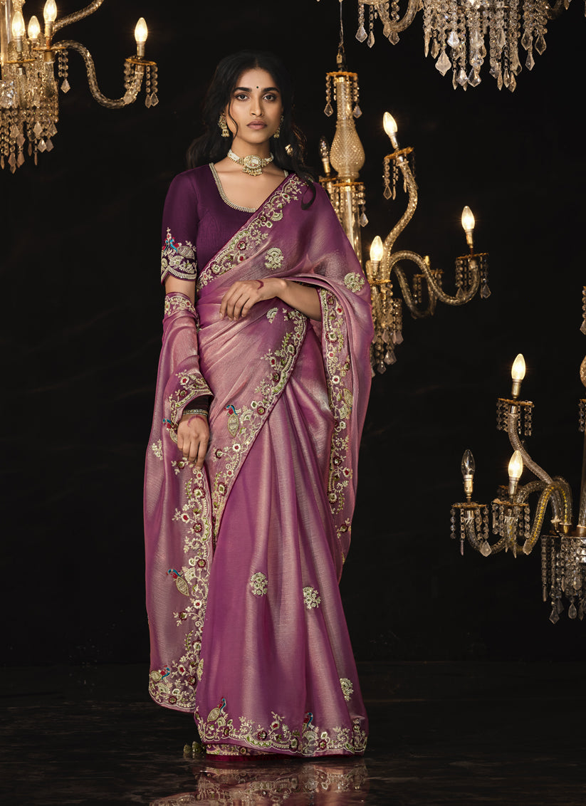 Onion Pink Embroidered Designer Saree