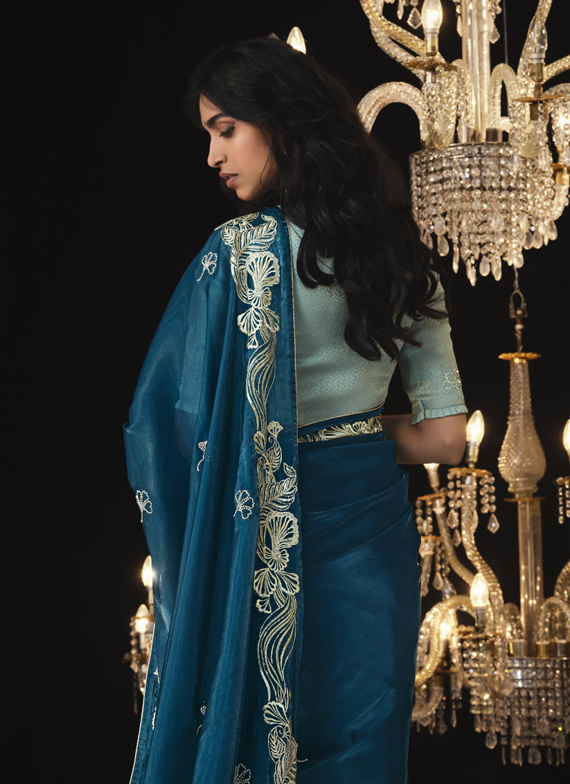 Prussian Blue Embroidered Designer Saree