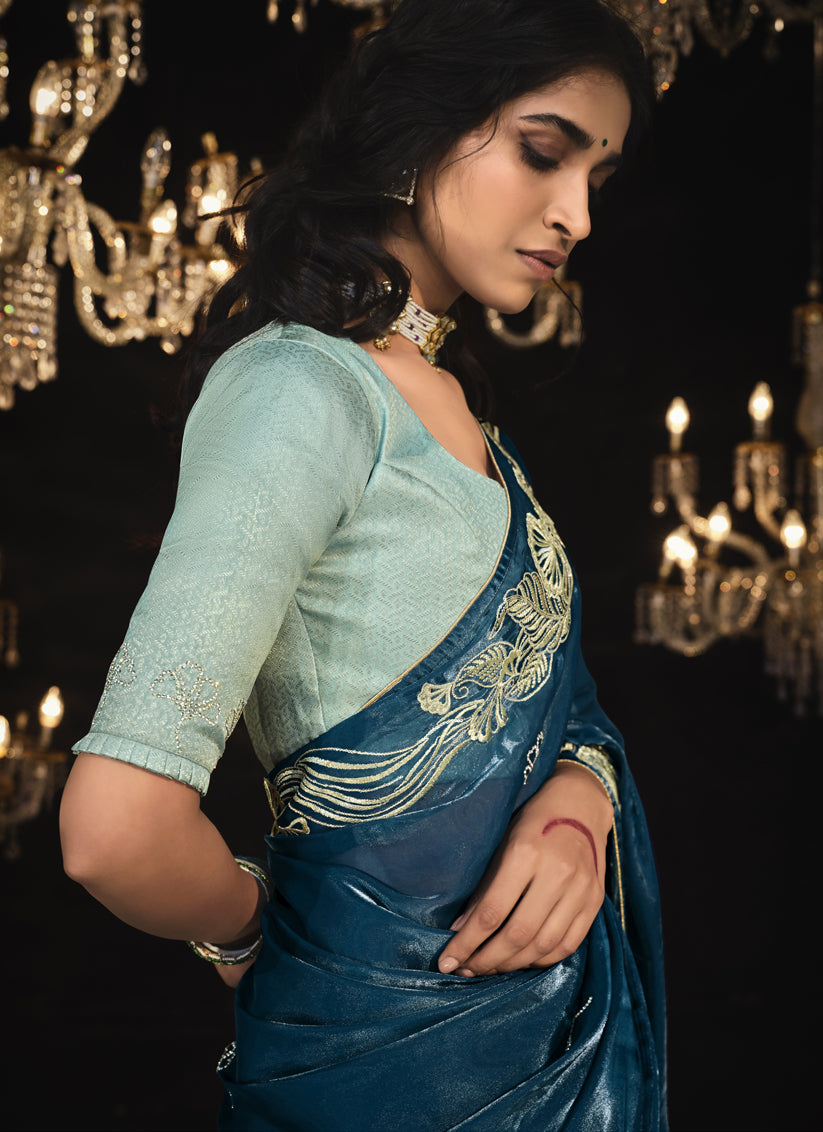 Prussian Blue Embroidered Designer Saree