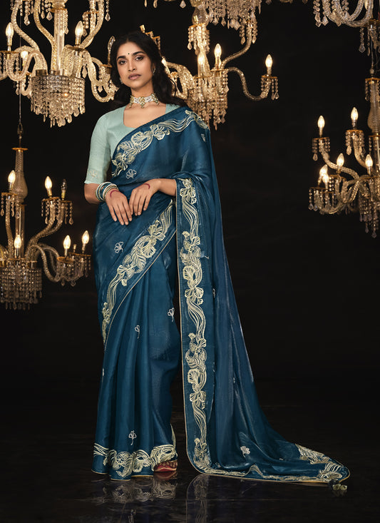 Prussian Blue Embroidered Designer Saree