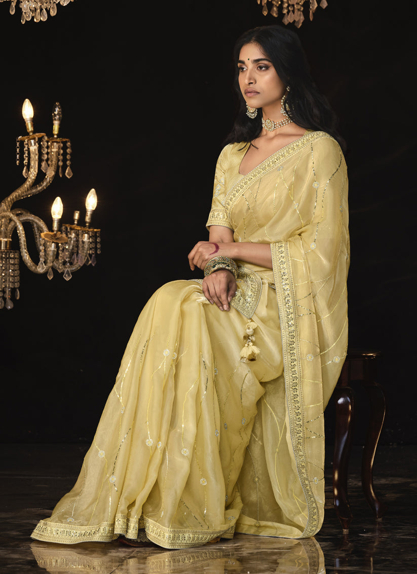 Pastel Yellow Embroidered Designer Saree