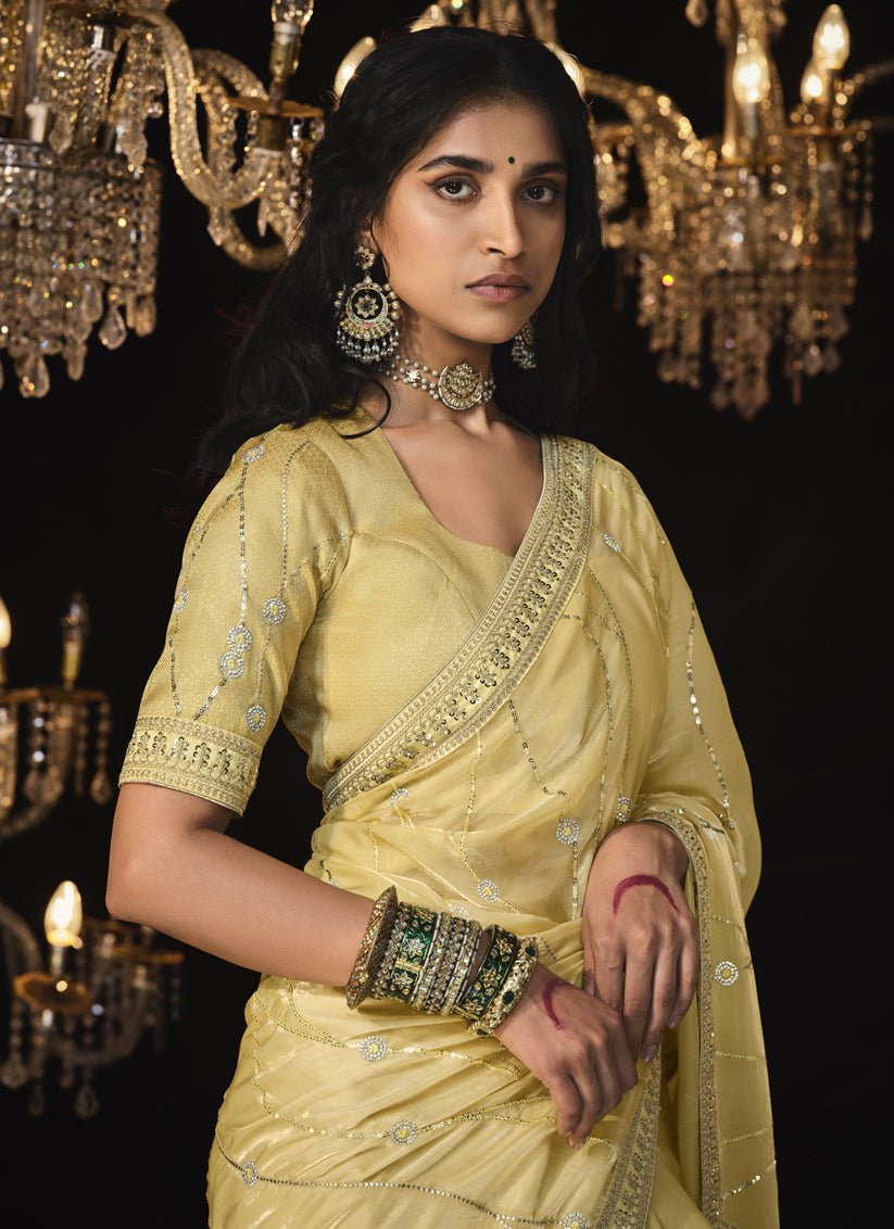 Pastel Yellow Embroidered Designer Saree