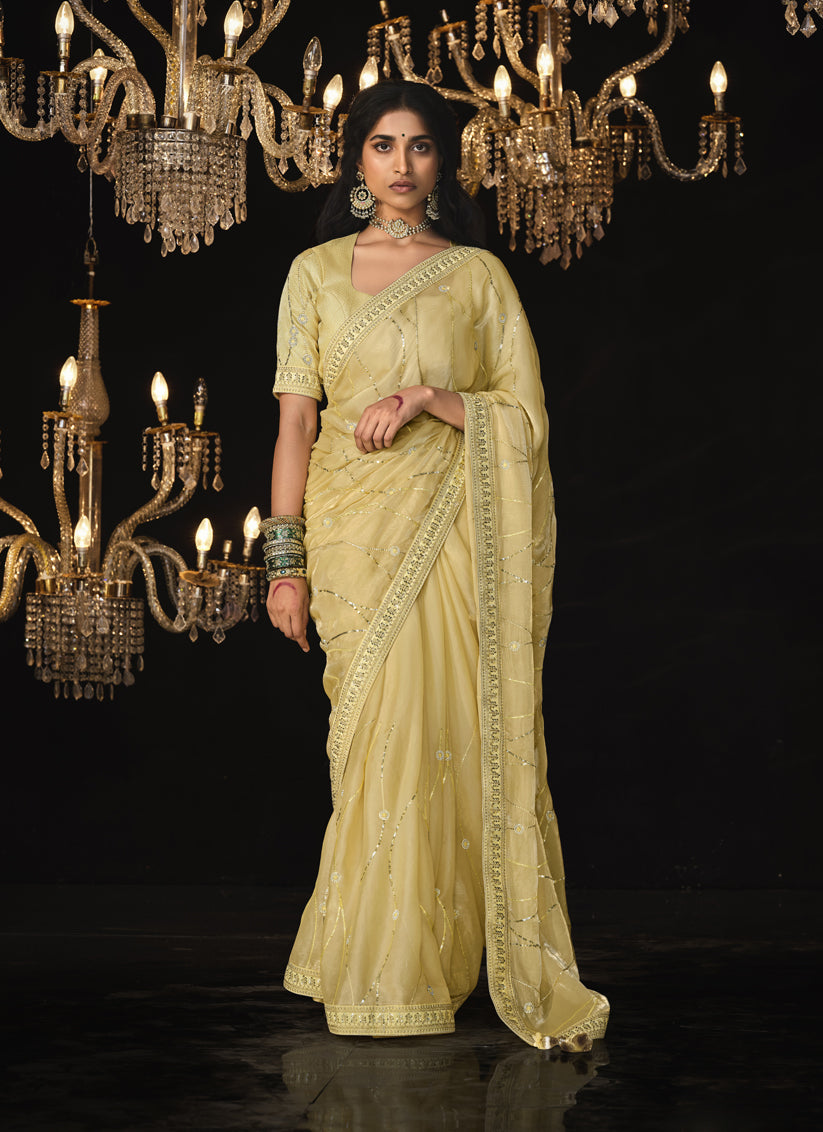 Pastel Yellow Embroidered Designer Saree