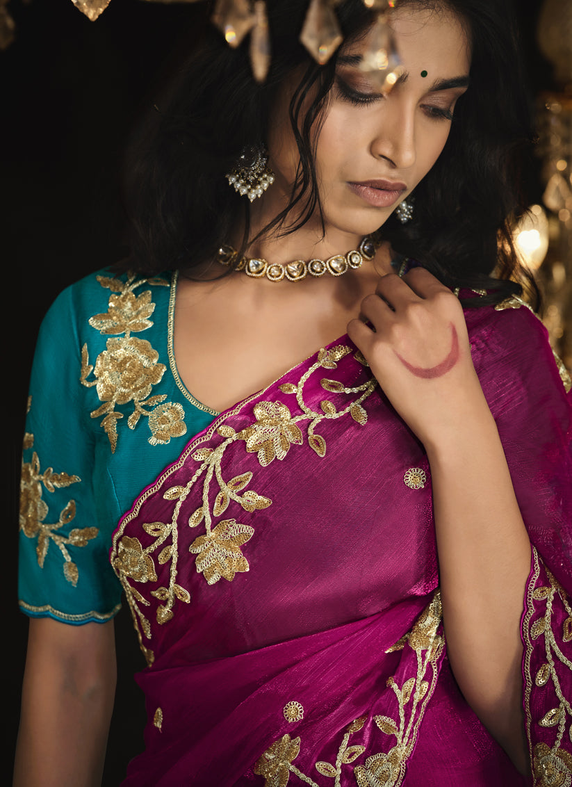 Magenta Embroidered Designer Saree