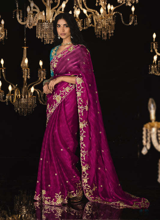 Magenta Embroidered Designer Saree