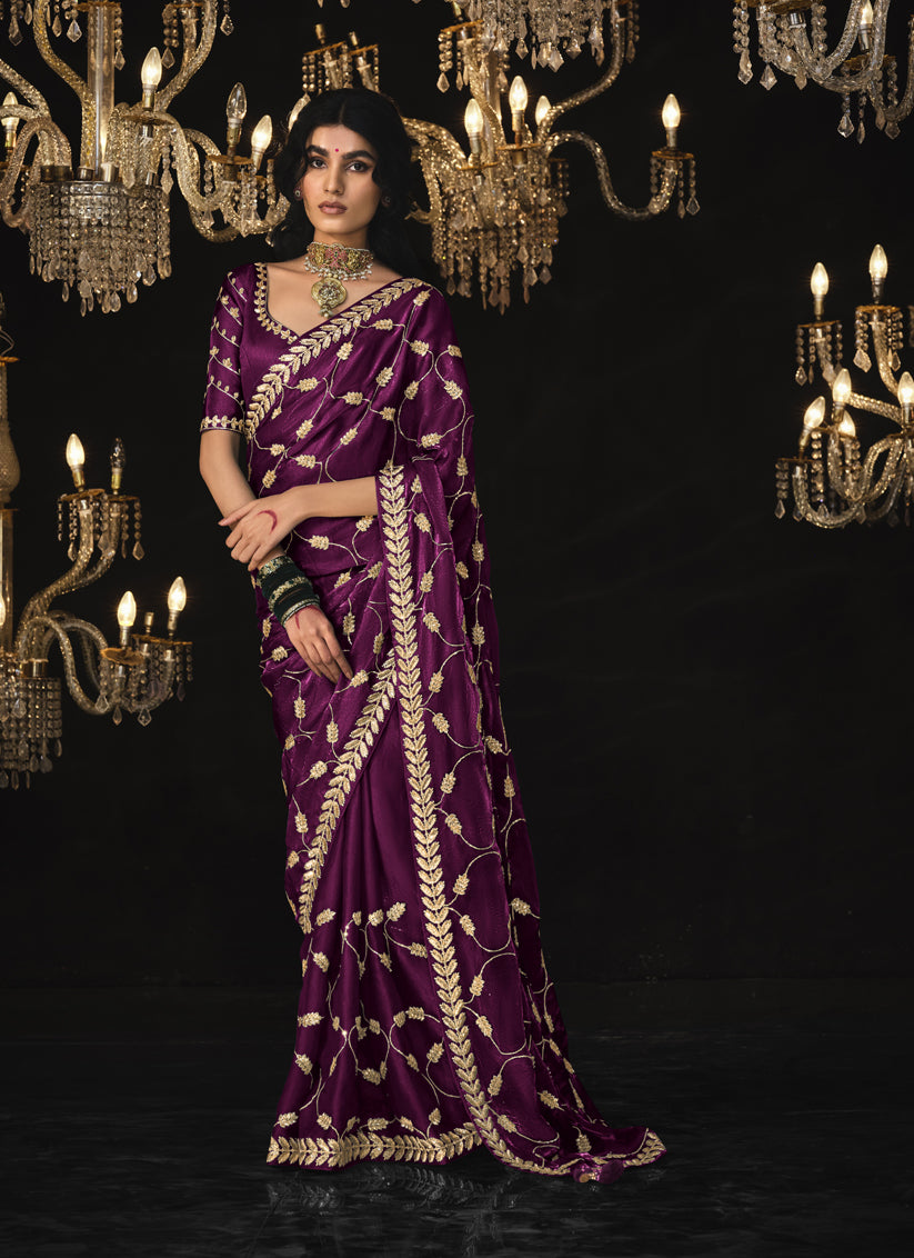 Wine Tissue Silk Embroidered Designer Saree