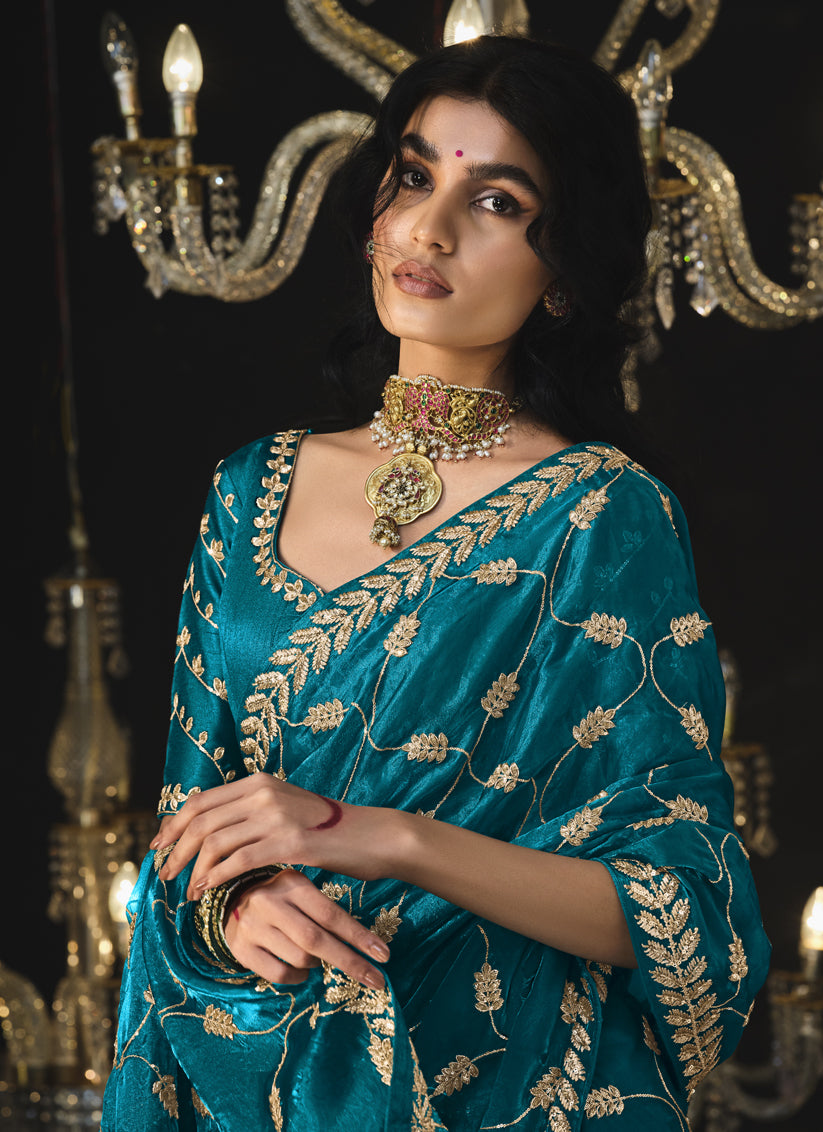 Peacock Blue Tissue Silk Embroidered Designer Saree