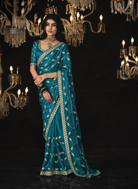 Peacock Blue Tissue Silk Embroidered Designer Saree