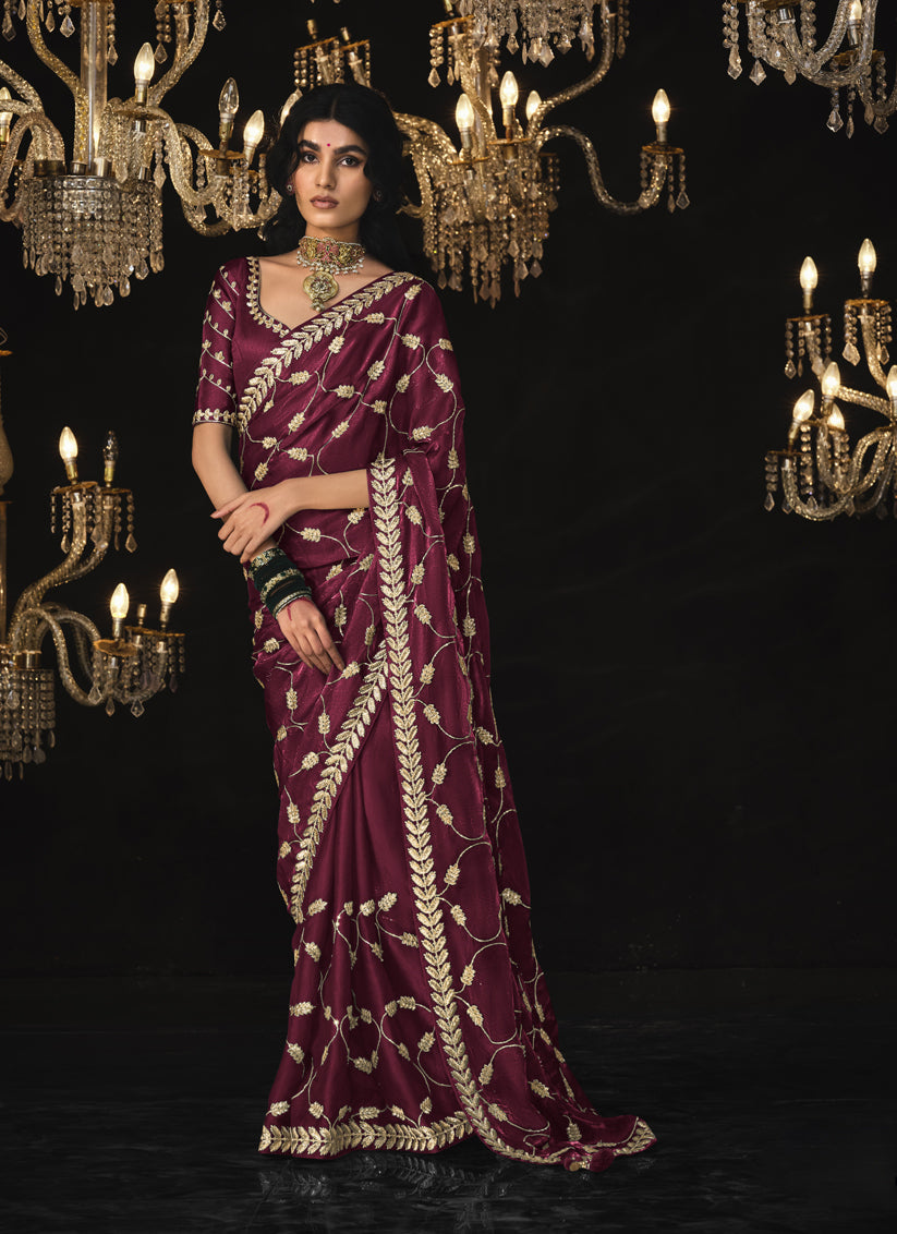 Maroon Tissue Silk Embroidered Designer Saree