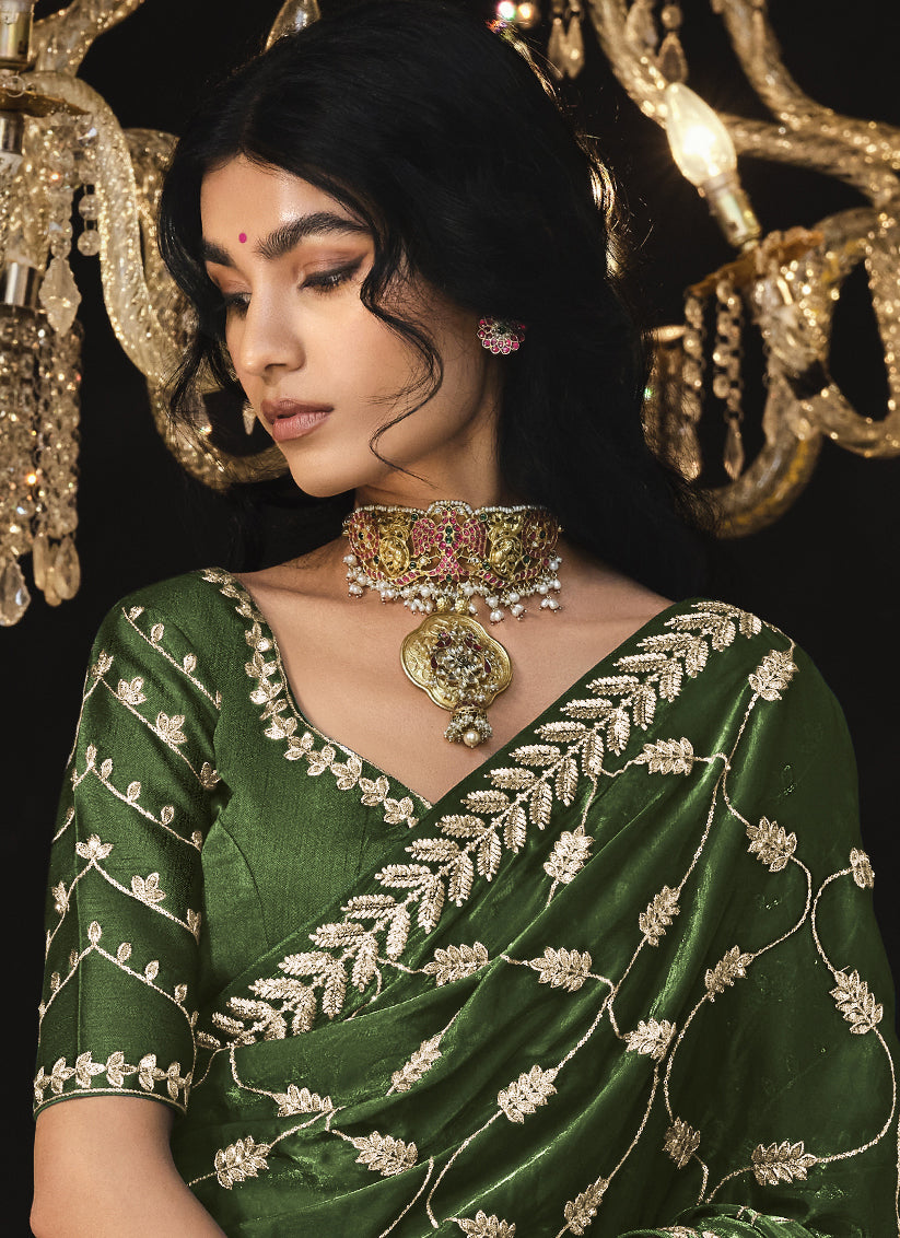 Olive Green Tissue Silk Embroidered Designer Saree