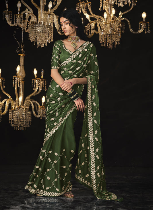 Olive Green Tissue Silk Embroidered Designer Saree