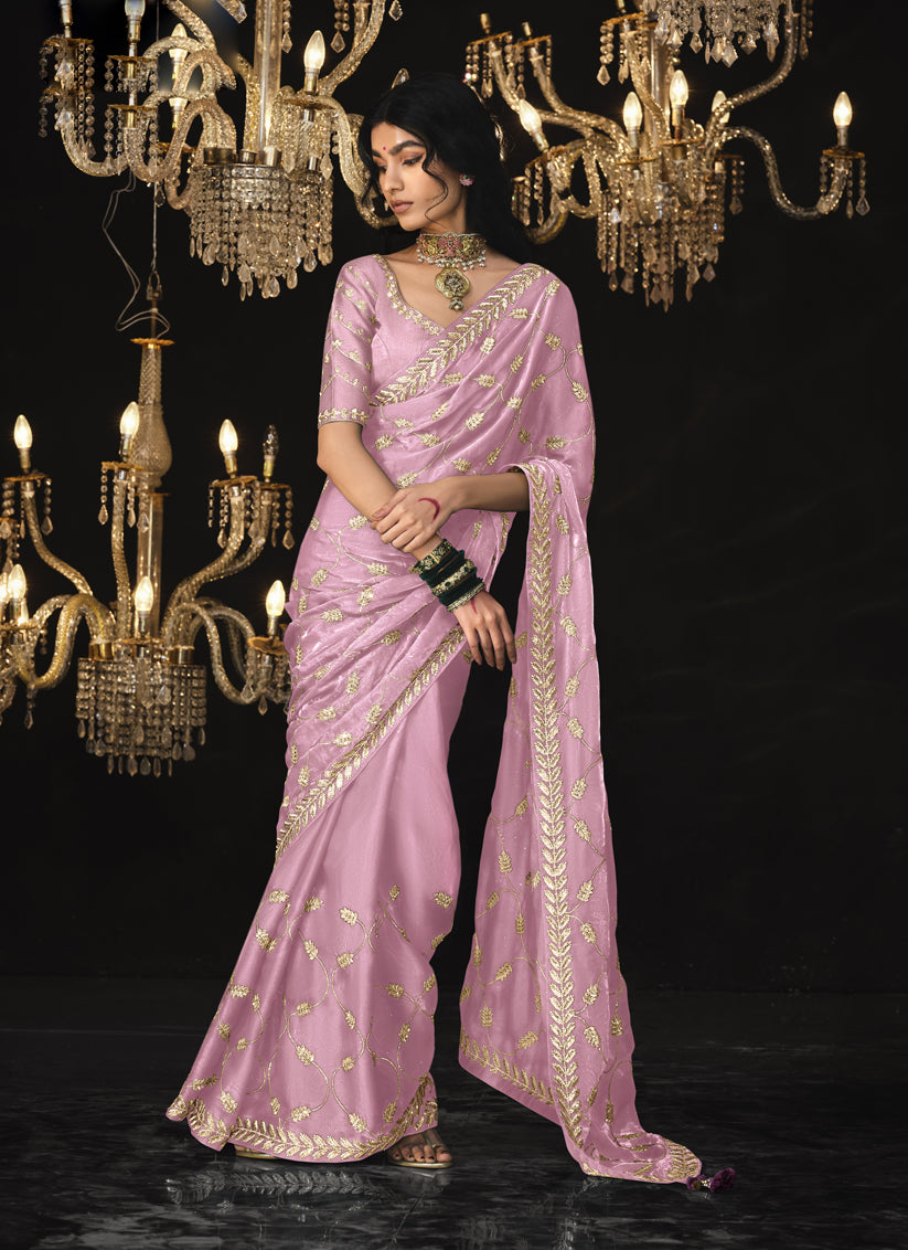 Rose Pink Tissue Silk Embroidered Designer Saree