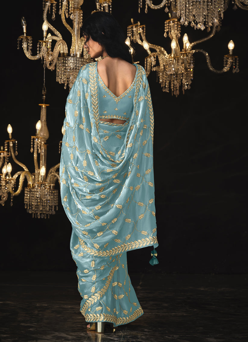 Sky Blue Tissue Silk Embroidered Designer Saree