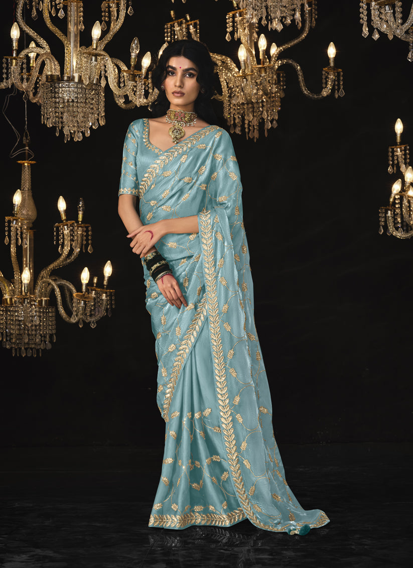 Sky Blue Tissue Silk Embroidered Designer Saree