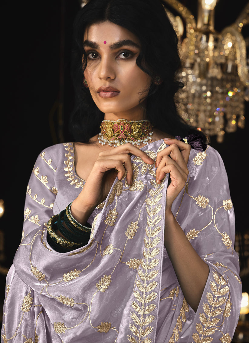 Lavender Tissue Silk Embroidered Designer Saree