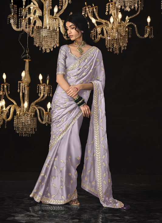 Lavender Tissue Silk Embroidered Designer Saree